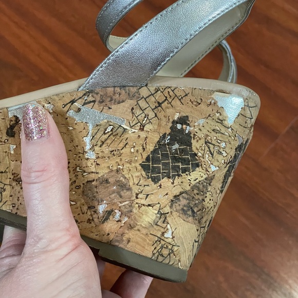 Karl Lagerfeld Carin silver leather cork wedge heel ankle strap NEW sz 10 metal - Picture 3 of 11